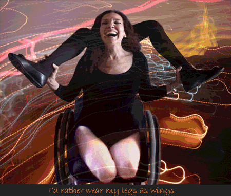 Nadina sitting in her wheelchair, stumps exposed, holding her artificial legs over her shoulders. Under the image we read: "I'd rather wear my legs as wings"