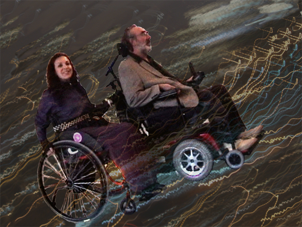 Danny in powerchair pulling Nadina in manual chair, flying, with streaming lights