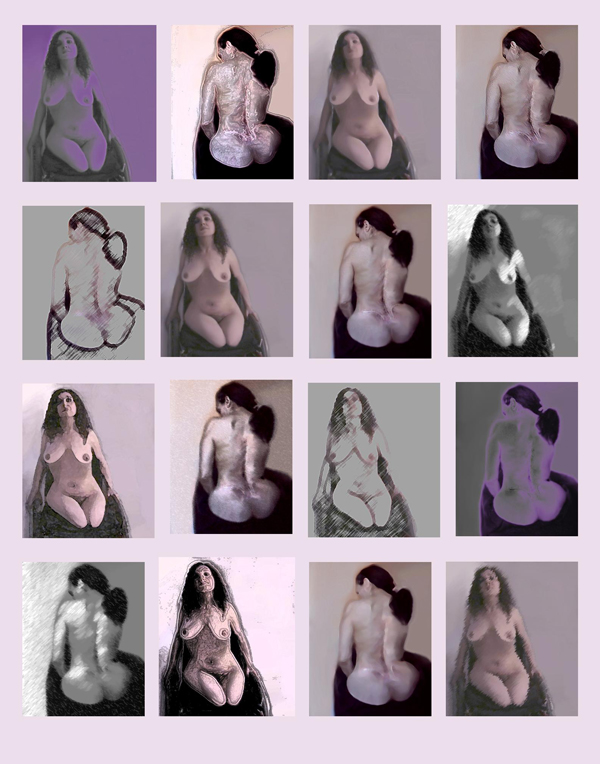 manipulated photos of Nadina's naked body - front view showing stumps alternate with back view showing scoliosis and scars