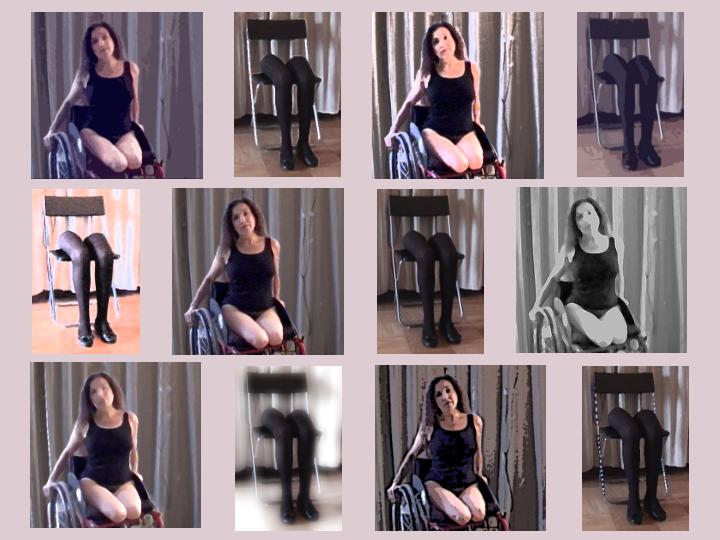 photos of Nadina sitting in her wheelchair with her stumps exposed alternate with photos of her artificial legs sitting in a chair